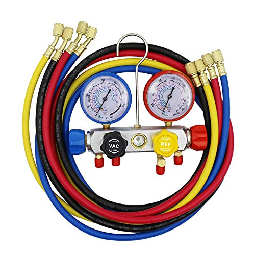 hikotor 4 Way AC Diagnostic Manifold Gauge Set Compatible with R134A R410A R22 Refrigerants with 5 Feet Hose Works on Car Freon Charging and Evacuation