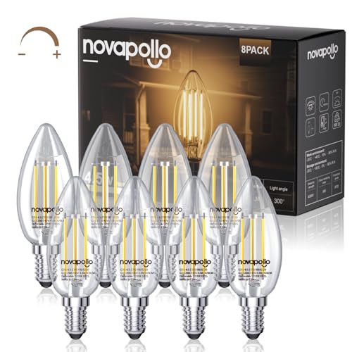 novapollo E14 LED Candle Bulbs Dimmable 4.5W, 40W Equivalent 470LM Soft Warm White 2700K, SES Small Edison Screw, High CRI C35 LED Clear Filament Bulb for Chandeliers UK CA Certified 8 Pack