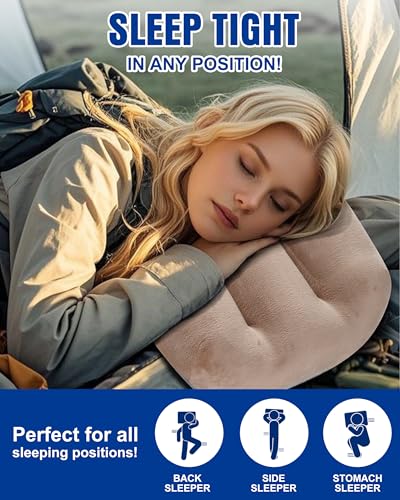 Image of Inflatable Camping Pillow - Ultralight Compact Travel Pillow, Picnic-Brown | Beach, Blow Up, Portable, Sleeping Bag Pillow, Backpacking, Soft Velvet Cover, Machine Washable Air Pillow
