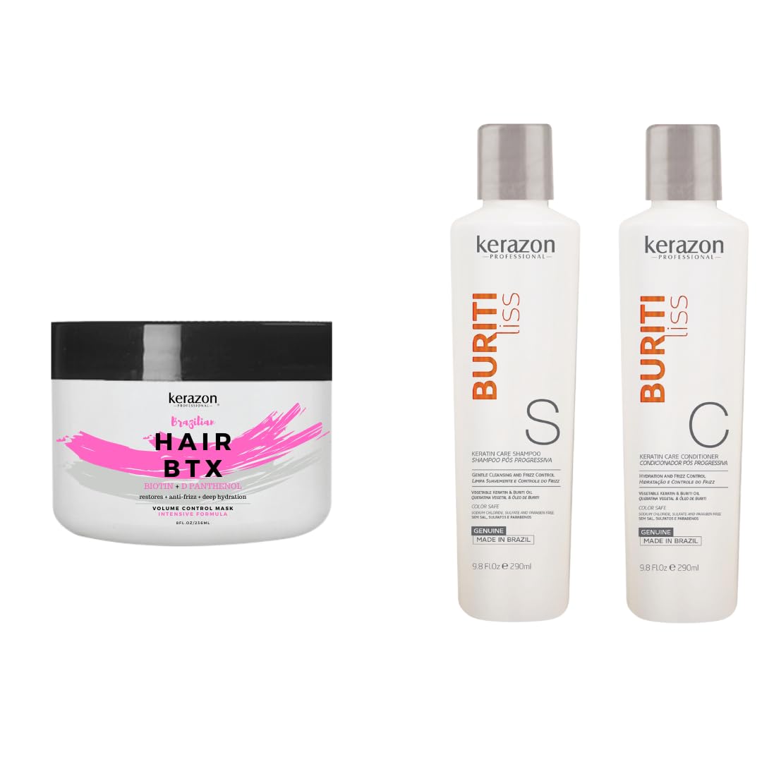 KERAZON Brazilian Hair BTX Treatment For All Hair Types + Sulfate Free and Sodium Free Shampoo & Conditioner KIT