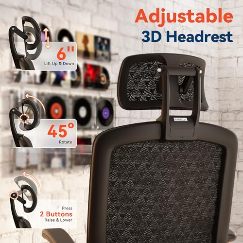 Image of GABRYLLY Ergonomic Office Chair, High Back Home Desk Chair with Flip-Up Arms, 3D Headrest, Thick Sponge Seat &90-120 Recline, Big and Tall Mesh Executive Chairs for Man Woman, Black Woodgrain