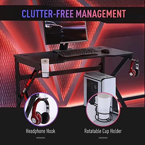 HOMCOM Gaming Desk Computer Table Racing Style for E-sport Room Office PC Workstation with Rotatable Cup Holder Foot Peg Headphone Hook Wire Port 120 x 60 x 73cm Black
