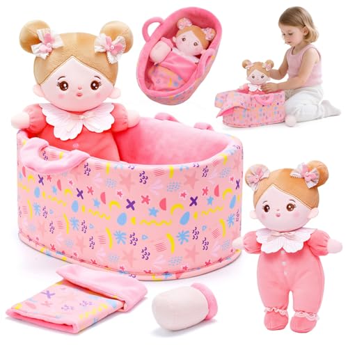 OUOZZZ 10' Baby Doll for 2 Year Old Girls Set with Soft Doll, Bassinet, Blanket and Bottle, Interactive Pretend Playset for Social Emotional Learning,...