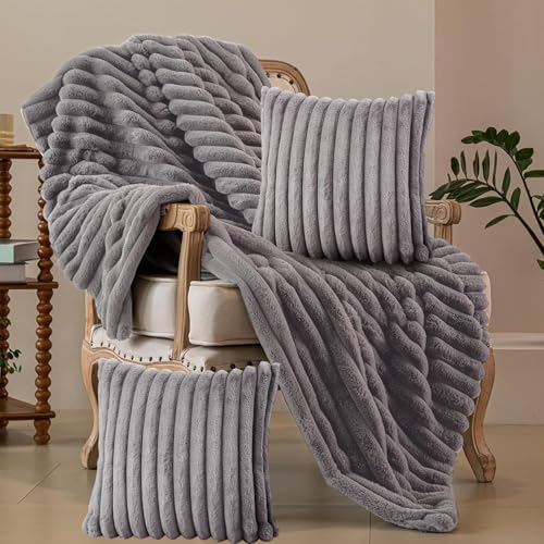 Blanket & Throw Pillow Covers Set - Dual-Sided Faux Fur Fluffy Blanket (50' x 60'), 2 Pcs Cozy...