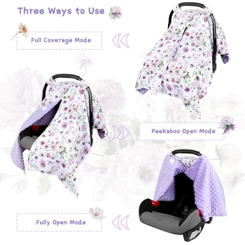Image of Baby Car Seat Cover, Soft Minky Warm Winter Car Seat Canopy for Infants & Toddlers, Opening with Adjustable Strap, Breathable Nursing Cover & Stroller Blanket, Purple Flowers (Fits Most Car Seats)