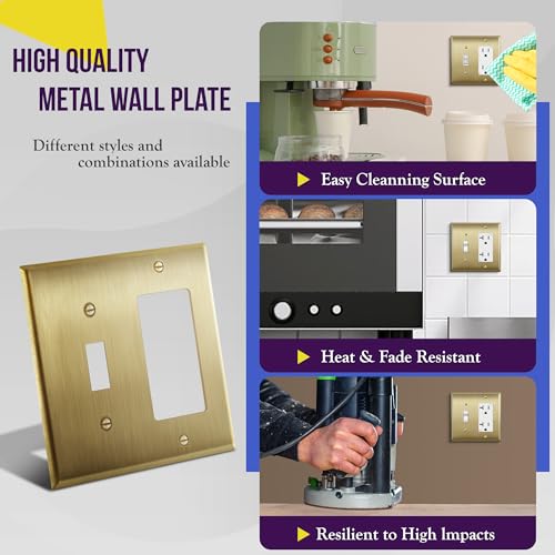 Image of ENERLITES Combination Toggle and Decorator Switch Metal Wall Plate, Stainless Steel 201, Corrosion Resistant, Size 2-Gang 4.50 inch x 4.57 inch, 771131-BB, Brushed Brass, Gold