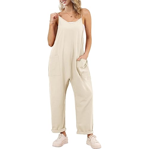 YESNO Women's Casual Overalls Summer Rompers Adjustable Spaghetti Straps V Neck Jumpsuits with Pockets PAU
