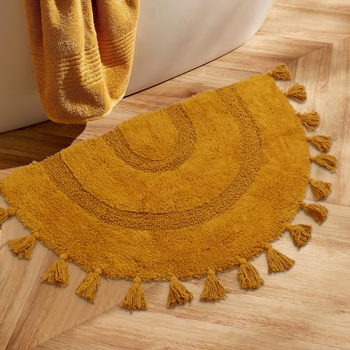 Image of Half Circle Boho Bathroom Rugs with Tassels 100% Cotton Hand-Woven Bath Mat Non Slip Absorbent Bath Rugs with Rug Pad Washable Boho Bath Mat Carpet for Tub, Shower 20 inchx32 inch,Mustard
