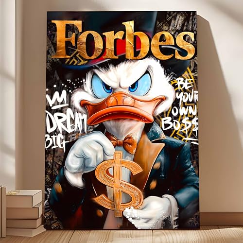 Image of Luxury Cartoon Duck Pop Art Canvas Wall Art Painting For Living Room | Money Motivation Street Art Wall Art Painting | Modern Success-Themed Artwork for Home & Office, 56x86 cm