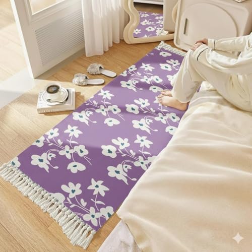Image of Hand Woven 100% Natural Cotton Export Quality Designer Rug,Carpet, Bed Side Runner for Bedroom,Living Room, Size-2x5 feet or 60 cms x 152 cms (Purple Flower)