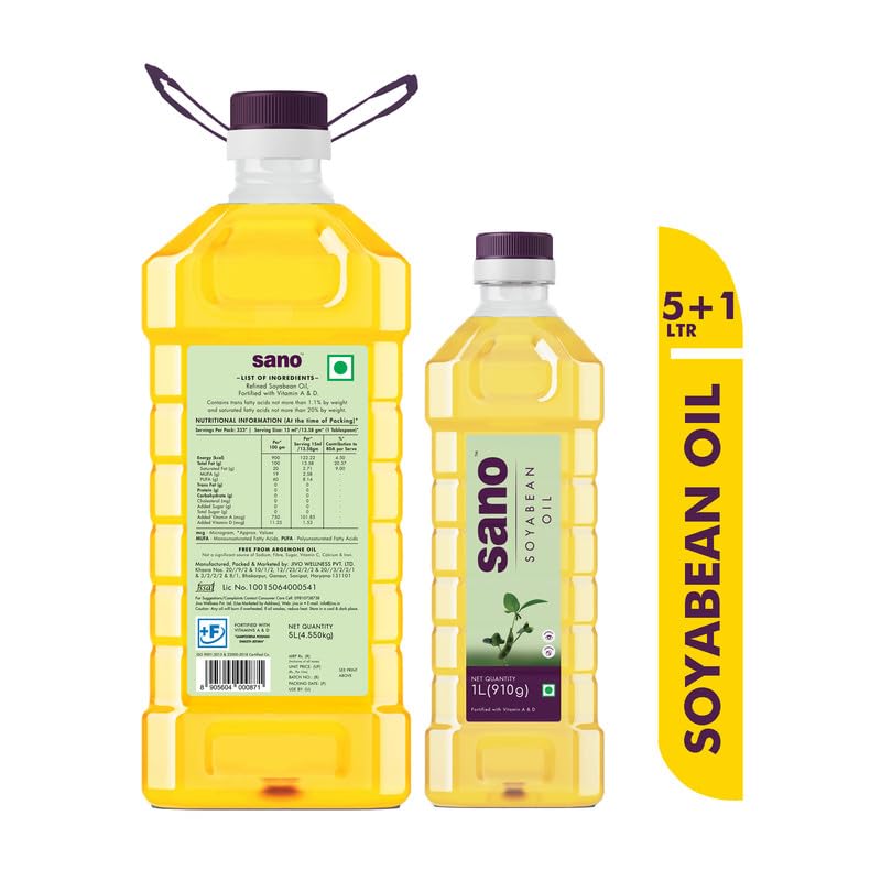 Image of sano 1 Ltr and 5 Ltr Soyabean Oil Pet Bottle - Pure, Natural, and Nutrient-Rich Cooking Oil for Healthy Delights