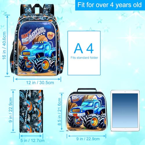 Image of HPJGD 3PCS Kids Truck Backpack for Boys, Water Resistant Bookbag Set with Lunch Box, Cool School Bag for Preschool Toddler - Blue Truck