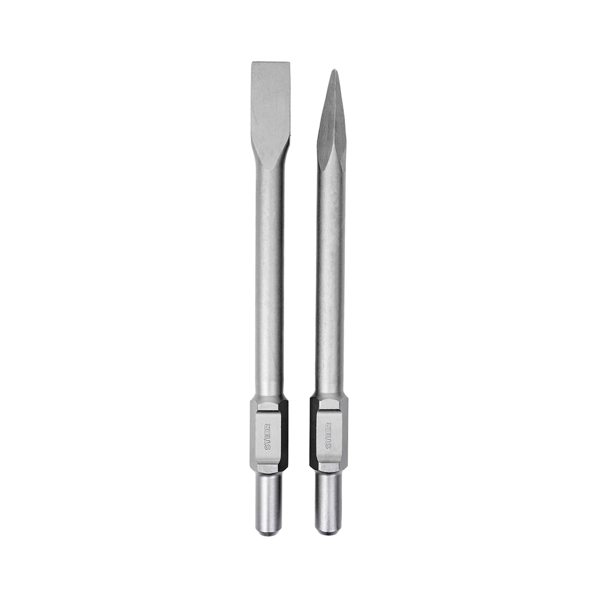 Jeu de burins (plat et pointu) SDS-HEX STIER 410 mm pour marteaux de démolition