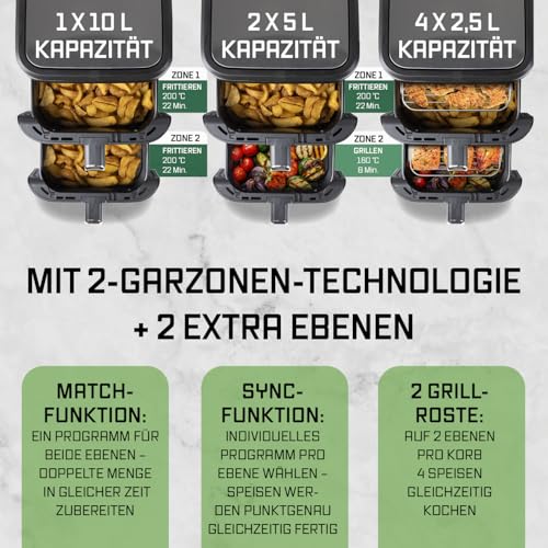 GOURMETmaxx FryUp Vertikale Doppelkammer Heißluftfritteuse | Airfryer 10 Liter | 4 Speisen auf 4 Ebenen | klappbares Touchdisplay | 32% platzsparender | Heißluftfritteuse 2 Kammern – Bild 5
