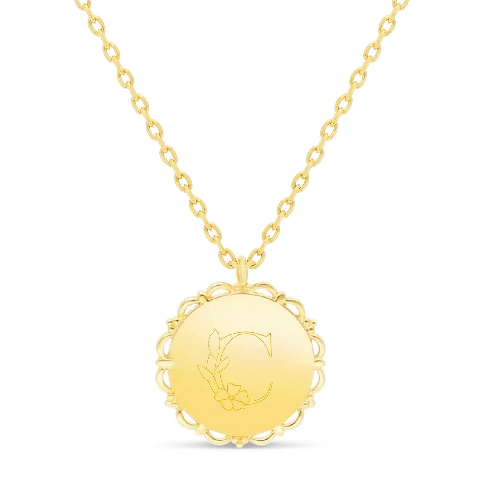 Collier médaille dentelle gravée avec initiale florale, plaqué or - Idée cadeau pour Noël - Anniversaires - Baptême - Communion