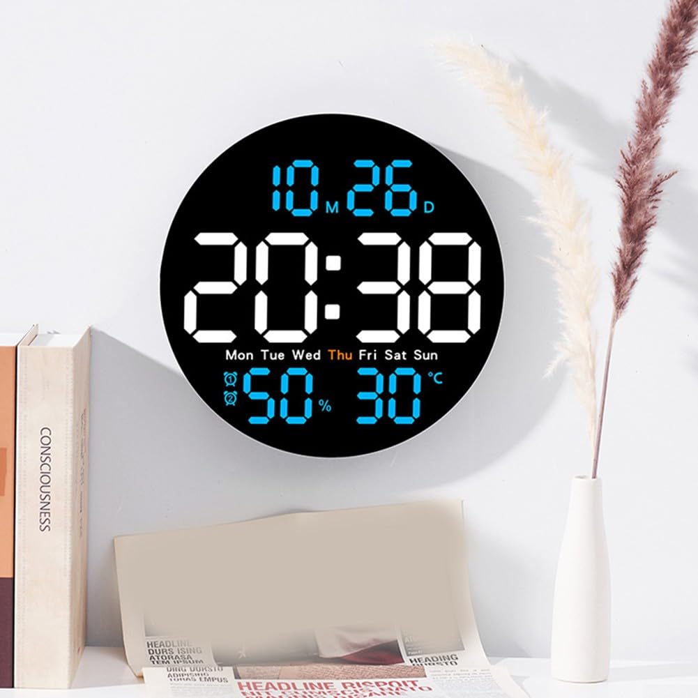 Carpango Reloj de pared digital LED, pantalla redonda de 10 pulgadas, indicador de temperatura y humedad, perfecto para decoración del hogar (azul)