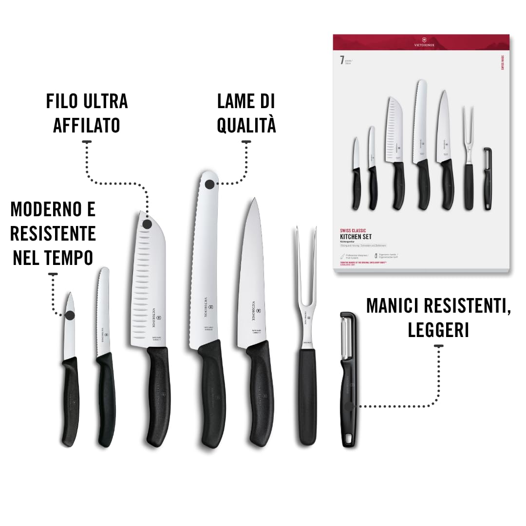 Victorinox Swiss Classic, Set di coltelli da cucina professionali, 7 pezzi, nero