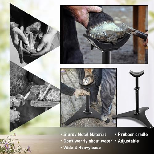 Image of Zonon Farrier Horse Hoof Stand, Tool-Height Adjustable Metal Horse Hoof Trimming Tools, Extra-Large Base Enhances Stability, Blacksmith Farrier Stand(Black,Metal Triangular Base)