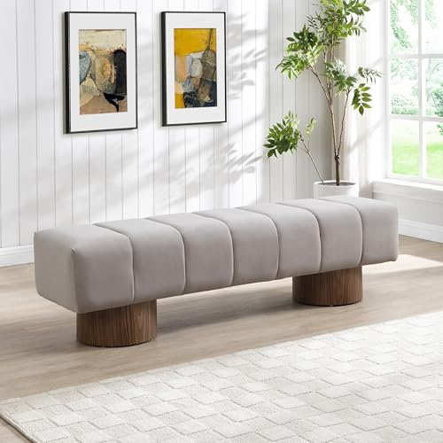 Christopher Knight Home Manila 64" Upholstered Dining Bench, Velvet Ottoman Bench, Rectangular Dining Seat, Spacious Seating, Long Footstool for Living Room Dining Room, No Assembly Need, Light Gray