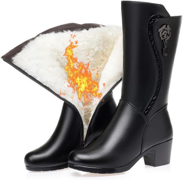 Women's Wool Lined Warm Winter Comfort Mid Block Heel Boots Anti Slip Zip Chunky Heel Fashion Classic Mid-calf Boots Snow Boots - Image 9