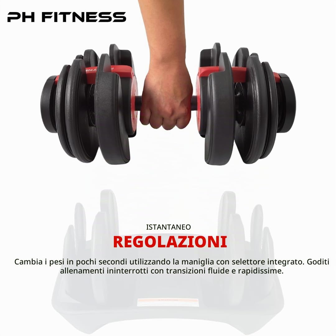 PH Fitness Manubrio Regolabile Premium 24kg – Singolo – 15 in 1 con Regolazione a Una Mano – 2,5-24kg – Compatto e Salvaspazio – Per Allenamento a Casa