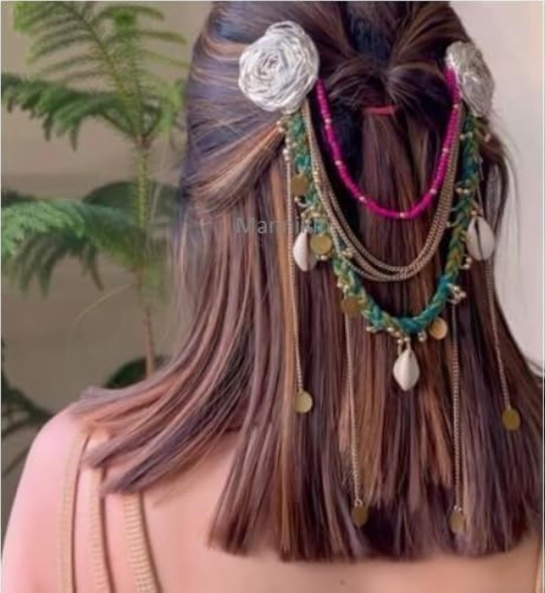 Boho Handmade Cotton Rose Pins & Cowrie Shells Hair Accessory Set