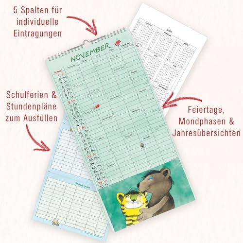 Alpha Edition - Janosch - 5 Spalten Familienkalender 2026 – Wandkalender 22×45 cm mit Spalten für Termine, liebevollen Illustrationen & Feiertagen, ... für Familien & Kinderzimmer: Familienplaner