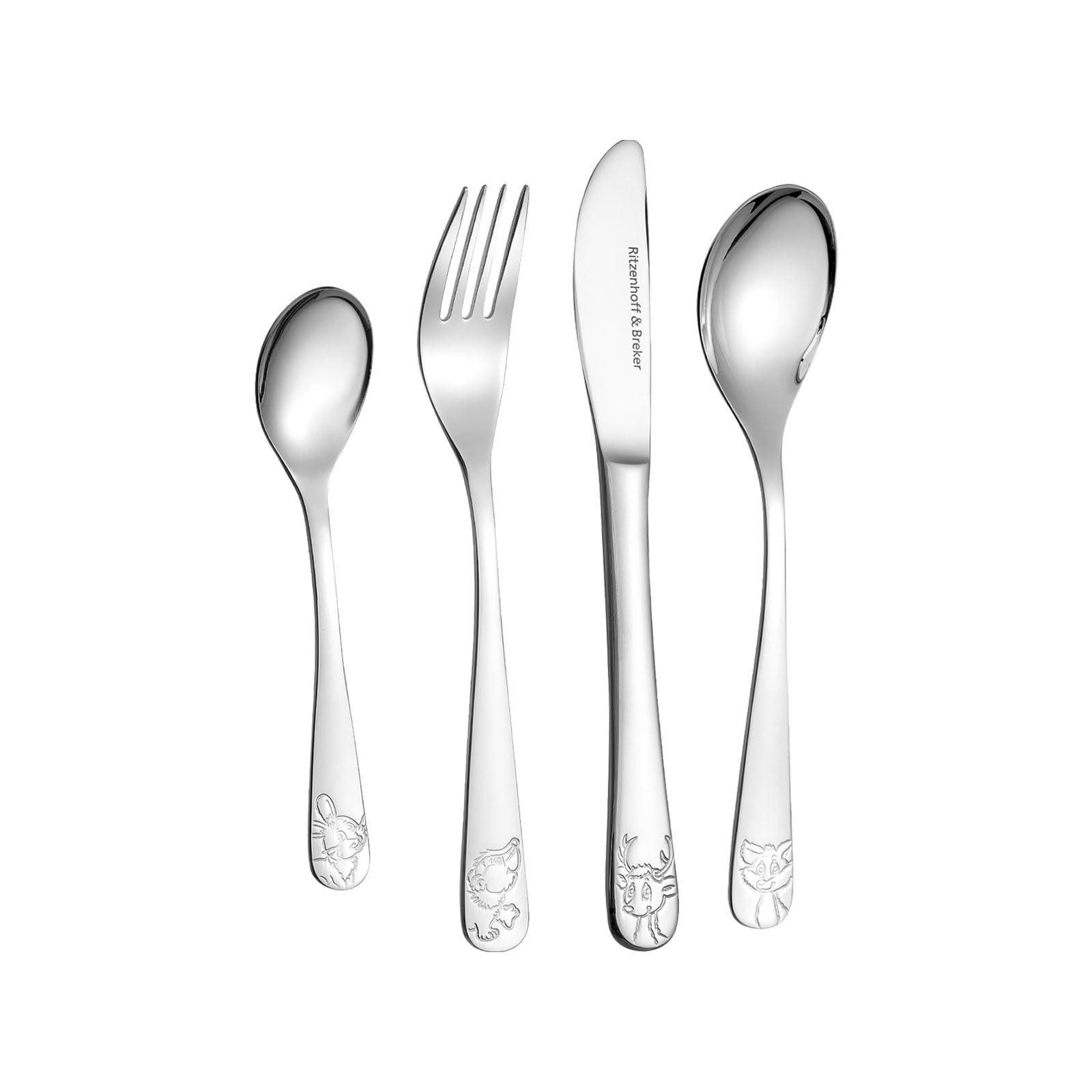 Ritzenhoff & Breker Kindergeschirr Set mit Besteck Waldtiere, 7-teilig, Bunt, Schale Becher Teller aus Porzellan, Gabel Messer kleine & große Gabel aus Edelstahl
