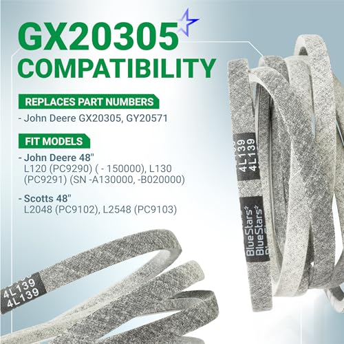 Image of BlueStars GX20305 Mower Deck Belt | Aramid Cord | 1 /2 inch x 139 inch | Deck Belt for 48-inch Deck John Deere L130 L120 Scotts L2548 L2048 Mowers - Replaces GY20571