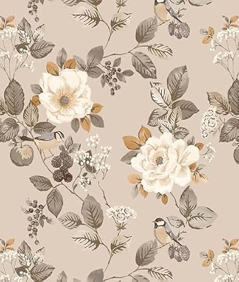 EchoSphere 16.9" x 118" Vintage Floral Peel and Stick Wallpaper Floral and Birds Wallpaper Beige Brown Removable Contact Paper Boho Botanical Self Adhesive Wall Paper for Bedroom Decorative Vinyl Roll