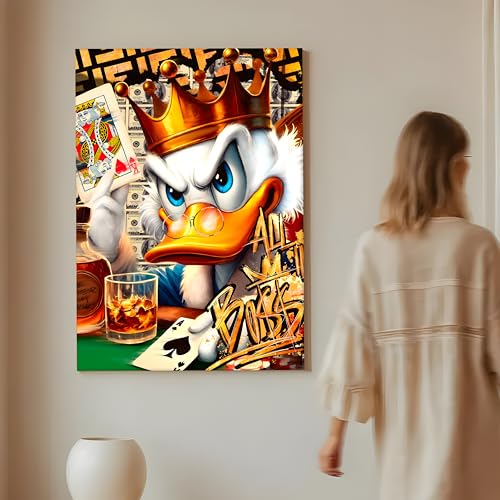 Image of Luxury Pop Art Duck King Canvas Wall Art Painting For Living Room Casino Royal Graffiti Art Painting Modern Money, Poker & Crown Theme Wall Decor, 56x86 cm
