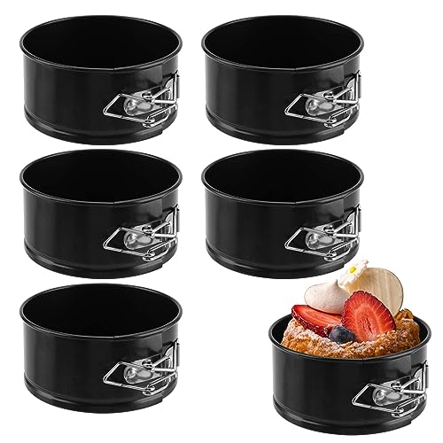 SINJEUN Paquete de 6 moldes redondos negros para tartas de 4 pulgadas, mini molde desmontable con parte inferior extraíble, moldes antiadherentes para tartas de queso para restaurantes, cocina