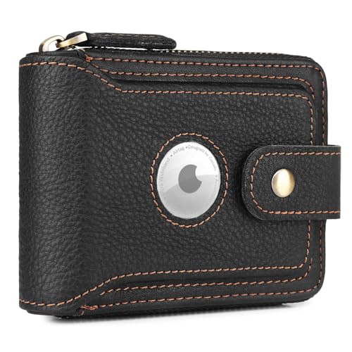 Airtag Wallets For Men With Zipper RFID Blocking Leather Bifold Mens Wallet - Big Capacity Credit Card Travel Wallet - Flap ID Window Zip Coin Pocket (Black)