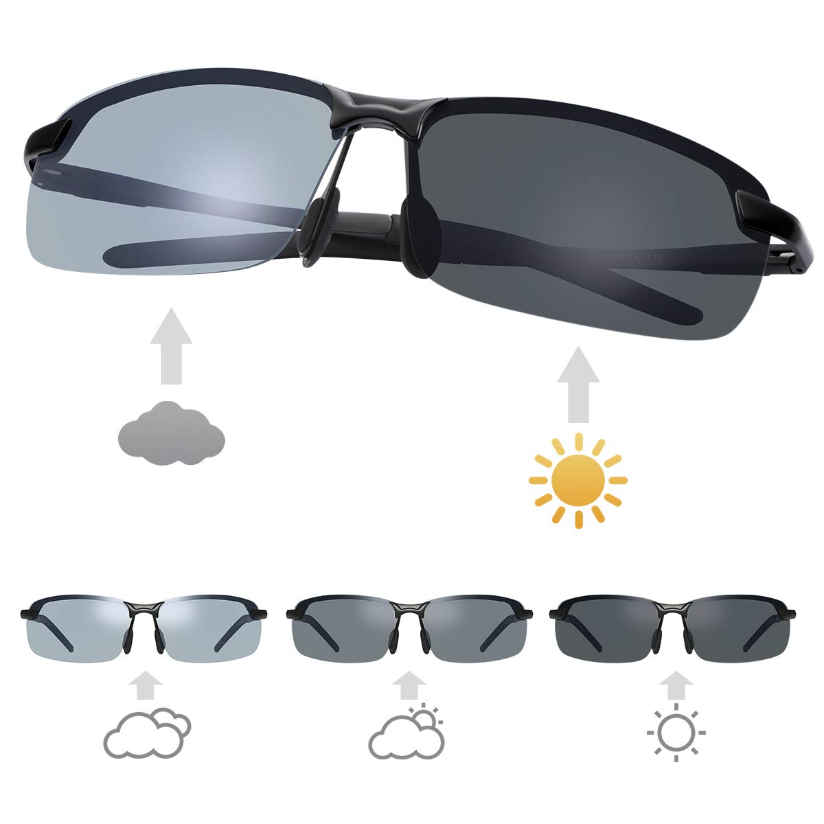 MIRYEA Herren Photochromatisch Sportbrille Polarisiert Rechteckig Sonnenbrille Fahrer Blaulichtfilter Brille Computerbrille Anti Reflexbeschichtung 100% UVA UVB Schutz für Golf, Angeln, Autofahren