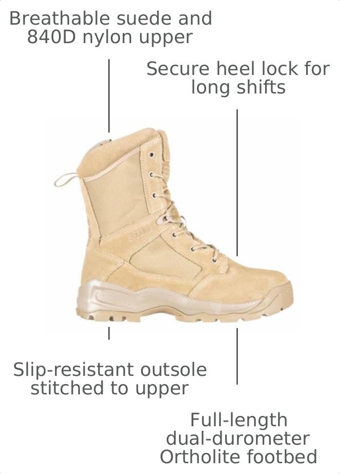Image of 5.11 Tactical Mens ATAC 2.0 8 Arid Professional Military Work Boots, Coyote | Style 12417ABR, Lightweight Suede and Nylon, Coyote, Slip Resistant, Military Deployment Boots