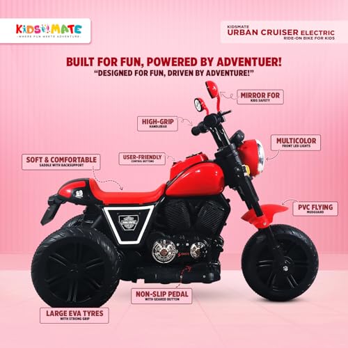 Kidsmate Urban Cruiser Electric Ride-On Bike for Kids | Stylish Chopper Design with LED Lights, Music & USB Bluetooth | 6V Battery-Powered Kids Motor Bike for Boys & Girls 1-5 Yrs - Red - Image 3
