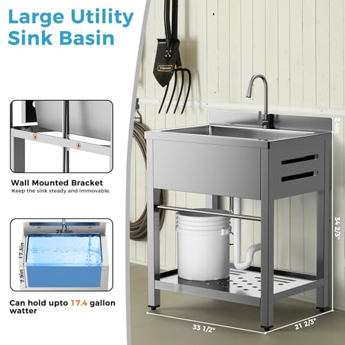 Image of Stainless Steel Utility Sink Freestanding Single Bowl Garage Sink 33 Inch