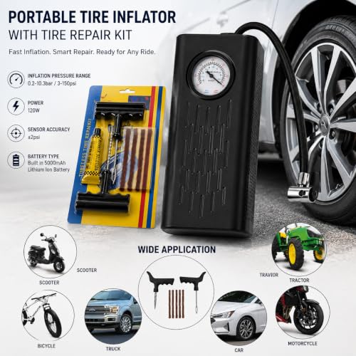 Image of Portable Tire Inflator Air Pump with 150 PSI & Tire Repair Kit, Cordless Air Compressor, Wireless Car Tyre Inflator, Digital Pressure Gauge, Rechargeable Air Pump for Car,Motorcycle, SUV, Bicycle.