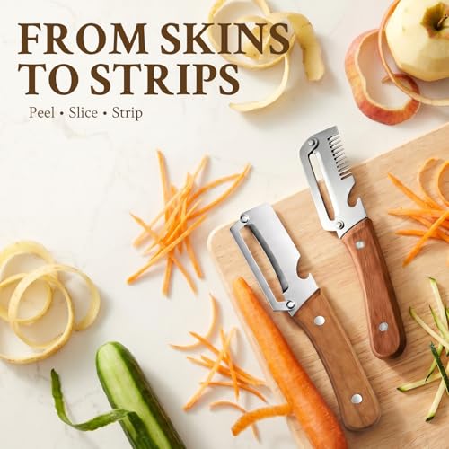 Image of 2026 Upgrade Vegetable Peeler and Julienne Peeler Set, Stainless Steel Vegetable Peelers for Kitchen with Wood Handles and Bottle Opener, 2-Pcs Multifunctional Vegetable Peeler Set