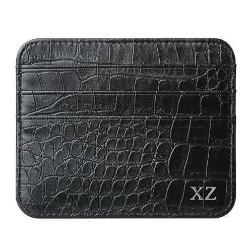 Customized Gold Silver Initial letters Credit Card Holder Wallet, PU Leather Ultra Slim Wallet, Thin Minimalist Credit Card Case Card Protector, Front Pocket Wallets for Men, Women (croco-black)2