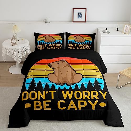 Capybaras Coverless Duvet for Capybara Lovers,Rainbow Funny Capybara Bedding for Kids Boys Bedroom,Woodland Natural Theme Duvet Set,Geoemtric Striped Black Quilt Duvet,Double