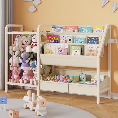 Image of CYXPHION B5 Kids Bookshelf and Toy Storage, Book Shelf for Kids Rooms, Sling Toddler Book Shelves with Stuffed Animal Storage, Montessori Baby Bookcase for Nursery, Bedroom, Playroom, White