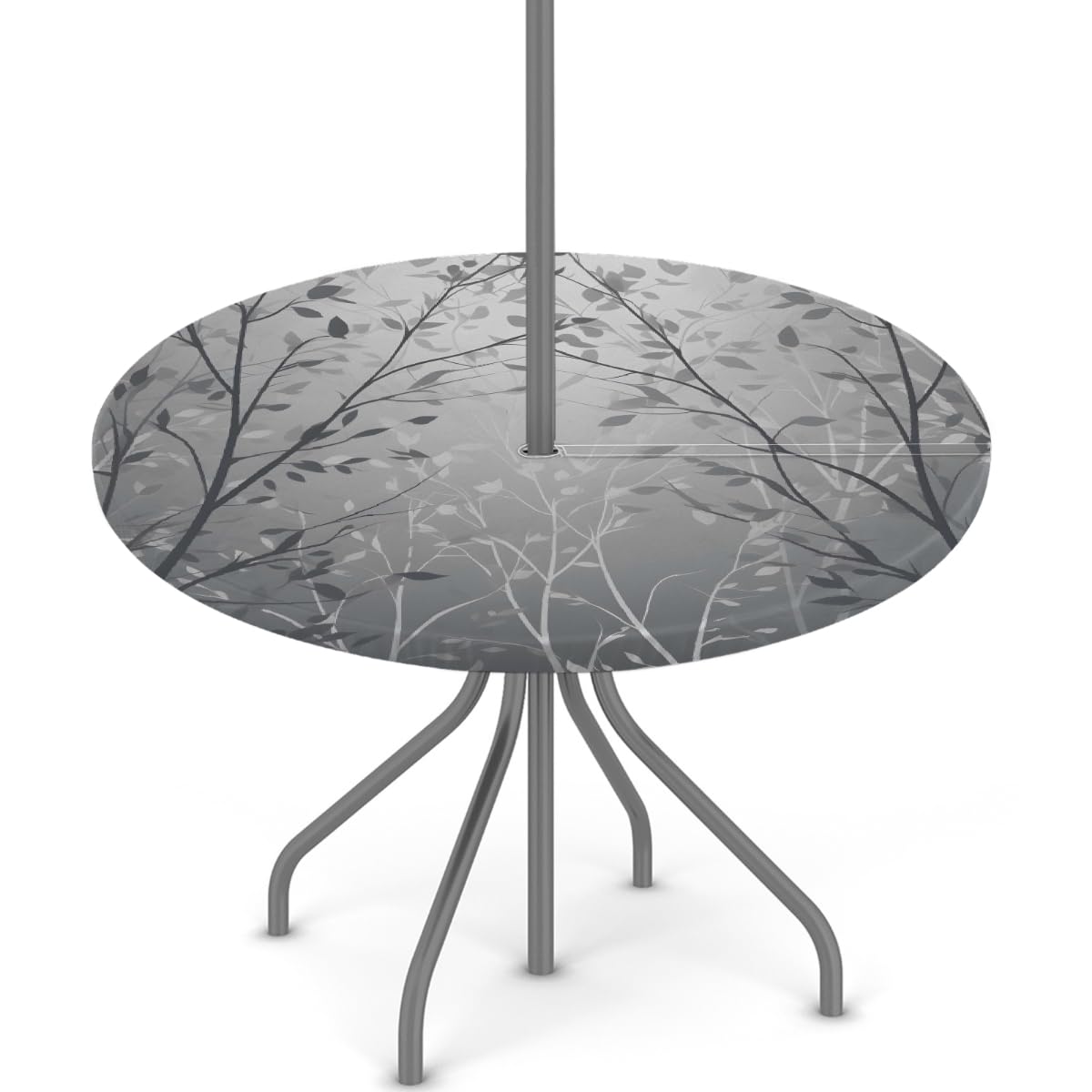 Mexpekil Outdoor Tablecloth Gray Tree Branch Silhouette Fitted Round Table Cloth with Umbrella Hole and Zipper, Wipe Clean Tablecloth for Garden Patio Table