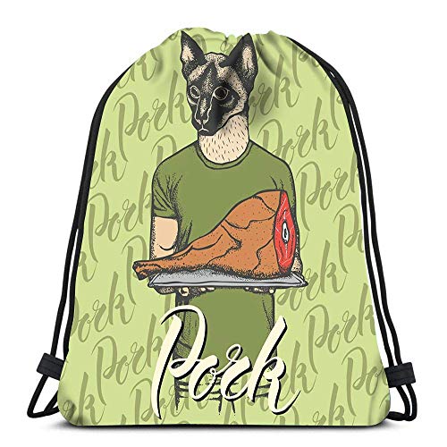 Lmtt Mochilas con cordón Gato con Carne Jamón Concepto de Comida de Viaje Escolar Tote