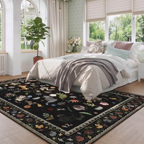 Living Room Rug 5x7 Rug Machine Washable Boho Area Rug Non Slip Floral Animal Cat Vintage Low Pile Large Rugs for Living Room Bedroom Farmhouse Dining Room Kids Playroom, Black