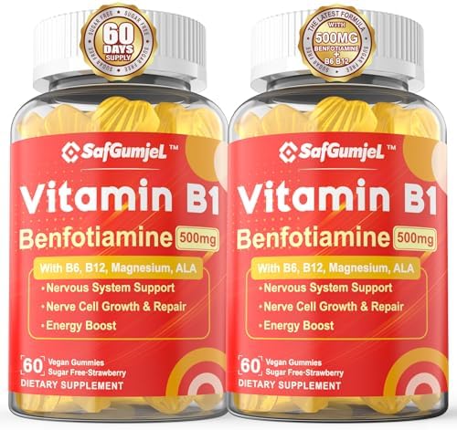 Safgumjel Vitamin B1 Gummies - Benfotiamine 500mg, Vitamin B1 B6 B12 Complex, 3.6X More Effective Than Thiamine, Carbohydrate & Energy Plus Healthy Nervous System, 2 Pack