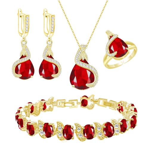 Gzwhd Red Created Ruby Gold Plated Jewelry Set For Women Girl Valentine's Day Gifts Water Drop Earrings Pendant Necklace Open Ring Bracelet Set Gifts For Wife Mother Friend Daughter #TOP7