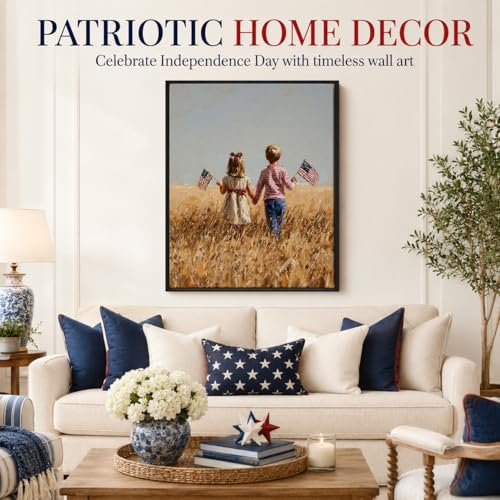 Image of American Flag Framed Canvas Wall Art, 4th of July Canvas Prints, Boy Holding USA Flag Patriotic Decorations, Modern Independence Day Wall Decor for Living Room Kids Room Dining Room Office 6x8
