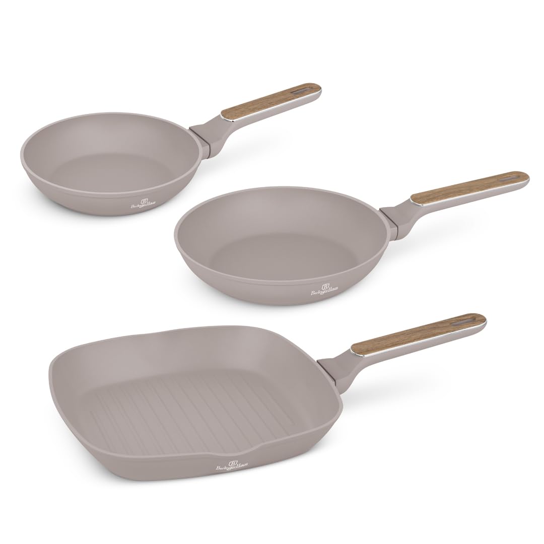 Berlinger Haus Juego de Sartenes Antiadherentes 3 Piezas, Fabricadas en Aluminio Forjado para Cocinas de Inducción, con Mango Ergonómico, Libres de PFOA, Colección Nórdica Taupe