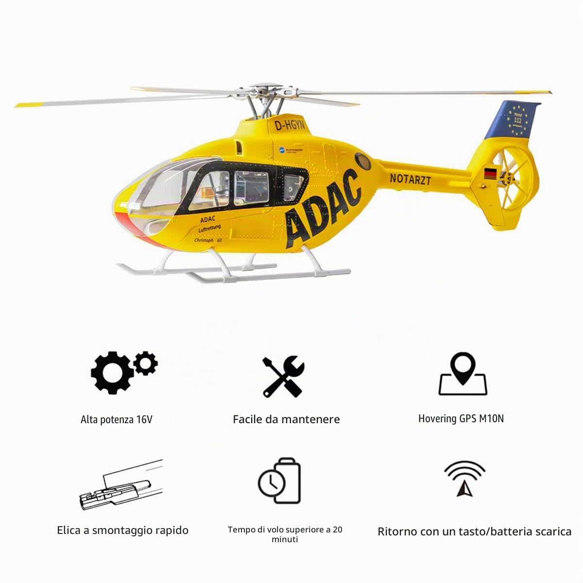 FLYWING EC135 Elicottero RC di Classe 470 - 2.4G 6CH con GPS Beidou, Controllore di Volo H1 e Motore Brushless 16V, Tempo di Volo Lungo, Drone Avanzato per Stunt 3D e Ritorno Automatico a